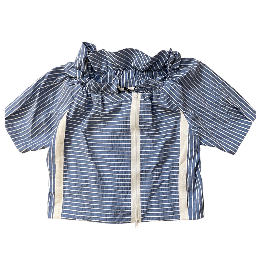 All Dressed Up Blue Seersucker Stripe‎ Crop Jacket Ruffle Zip Front Boutique LG